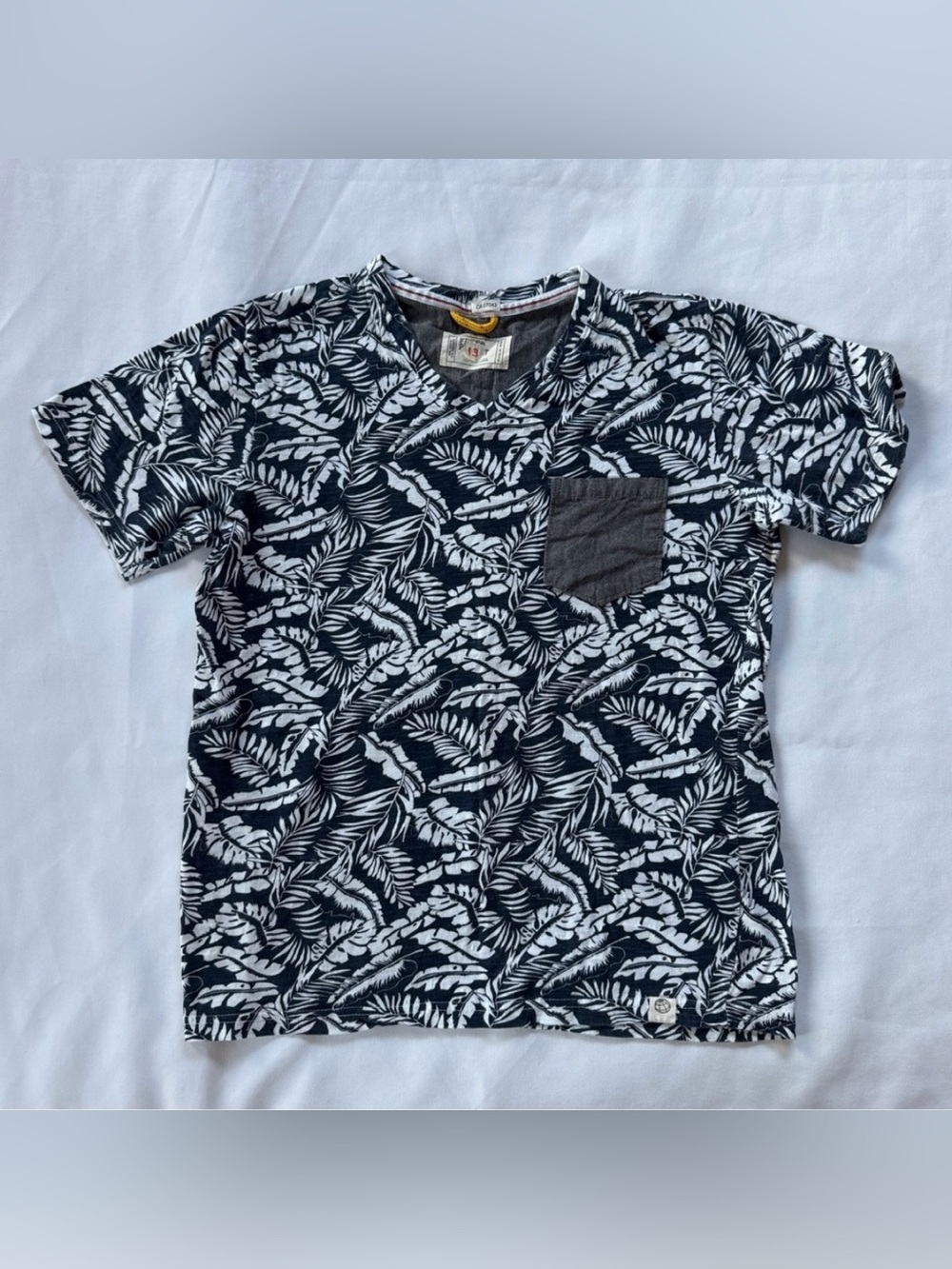 Blue and White Tropical V-Neck T-shirt